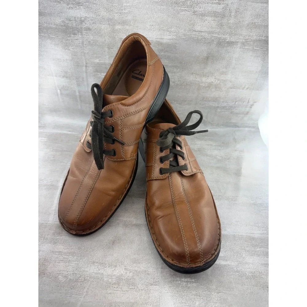 Clarks Collection Men Sz 13 Tan Leather Bicycle Toe Lace Up Oxford Shoes